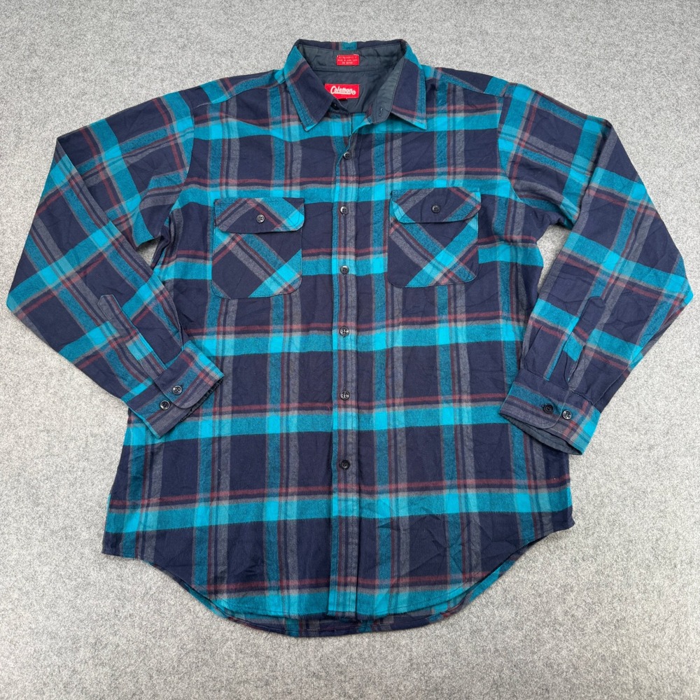 Coleman Button-Down Mens L Flannel Teal Navy Plaid Long Sleeve EUC